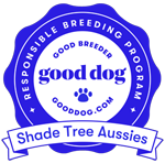 Good Dog responsible breeder badge for Shade Tree Aussies.